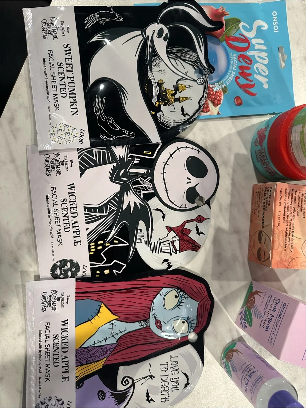 Face masks, toner pads, eye masks, and facial moisturizer